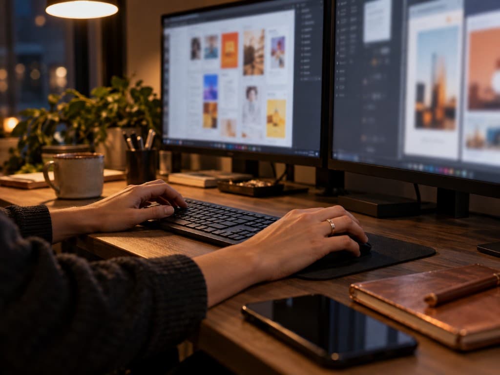 Dual-monitor creative and development workspace