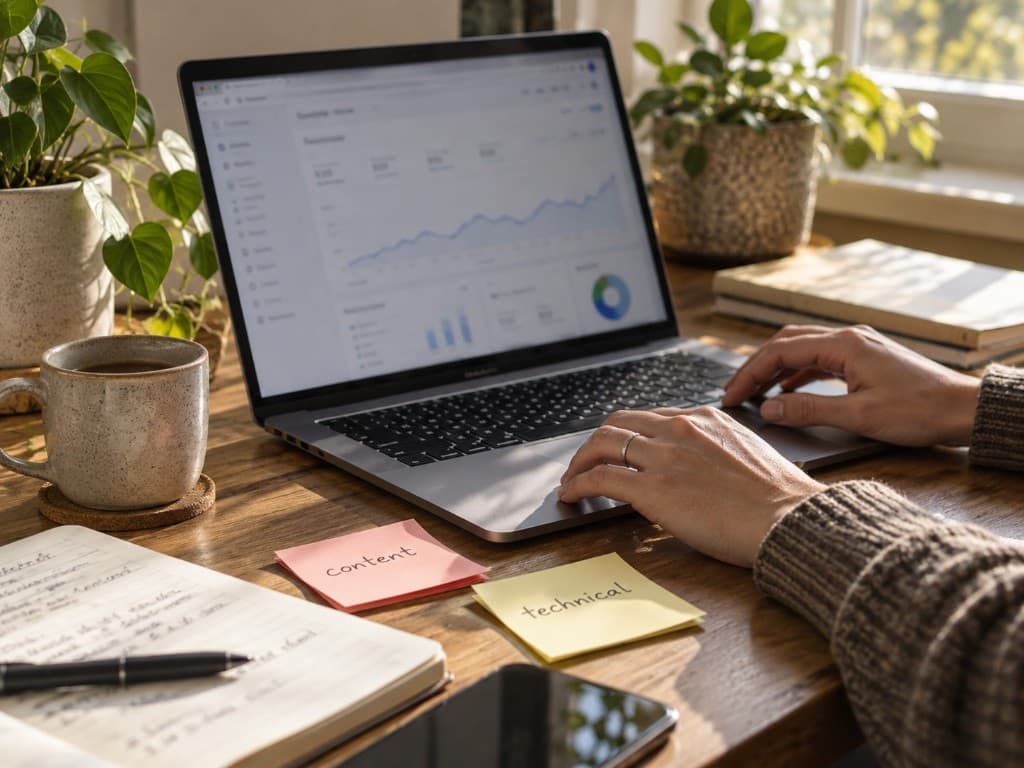 Marketing analytics and content strategy on laptop